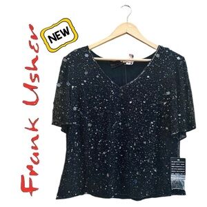 FRANK USHER Black Bead Sequin Top Short Sleeve Silk Cocktail Formal NWT Wmn 12